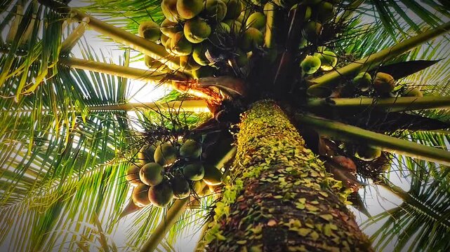 Looking up at coconut palm tree with fresh green coconuts and tropical palm leaves 