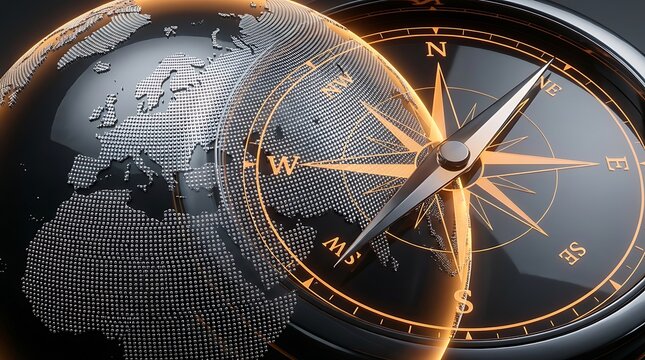 Close up of a metallic globe and compass on dark background symbolizing global travel and international business with glowing orange highlights and technological feel