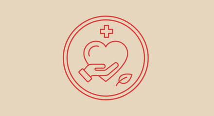 Obraz premium Caring Hand Holding Heart and Leaf Icon with Medical Cross - Health and Wellness Concept
