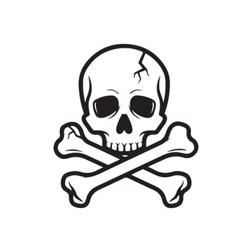 Skull and crossbones illustration with cracked cranium detail isolated on white background for pirate or danger concept