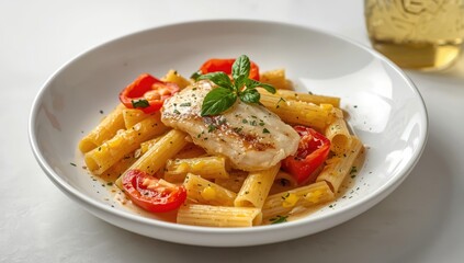 Heated rigatoni salad featuring hake and bell peppers