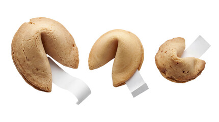 Three crispy fortune cookies with paper fortunes showing, representing good luck, isolated on a...