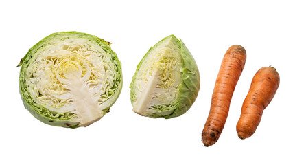 Variety of fresh green cabbage pieces, including a half and quarter cut, alongside two whole vibrant orange carrots, on.