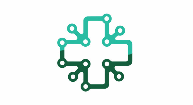 Digital health cross logo with interconnected lines and nodes representing technology and medical innovation.