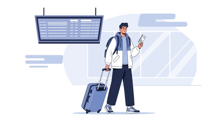 Obraz premium Man with Suitcase and Ticket at Airport Terminal, Ready for Travel