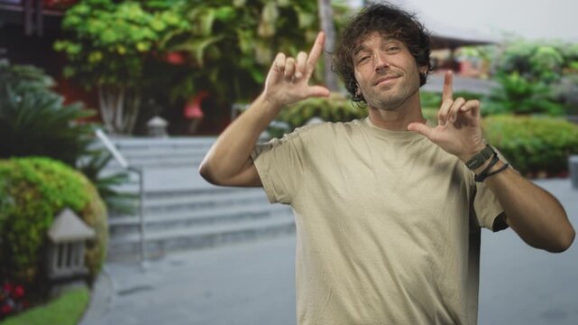 Hispanic man frames scene with hands and fingers forming l shapes in front of stone steps and tropical plants on a street; playful creativity.