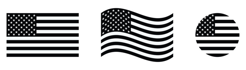 United States Flag Icon Set Black and White American Stars and Stripes Vector Illustration Collection © Matiar Rahman