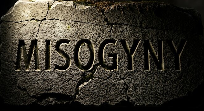 Ancient stone inscribed with the word misogyny cracks under pressure.