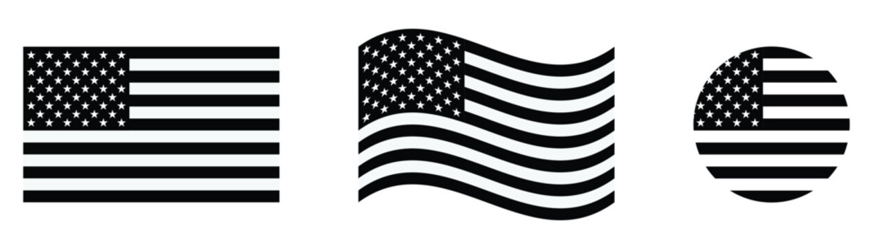 United States Flag Icon Set Black and White American Stars and Stripes Vector Illustration Collection