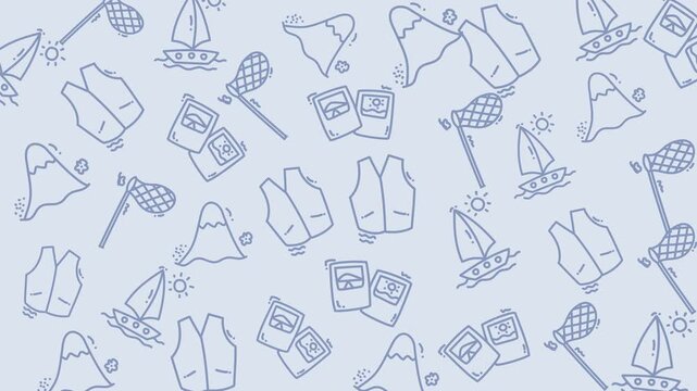 A delightful seamless light blue pattern filled with charming hand-drawn doodles representing various outdoor adventures, travel experiences, and nature elements like mountains, sun, and sailboats