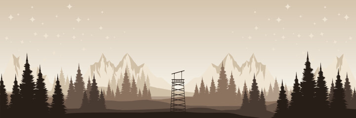 Wide screen dark wilderness banner featuring coniferous forest fire tower and night sky copy space © FahrizalNurMuhammad