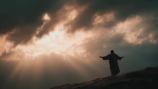 Dramatic Easter-themed video thumbnail featuring a silhouette on a hilltop against glowing sunrise clouds, perfect for inspirational, religious, and commercial video projects