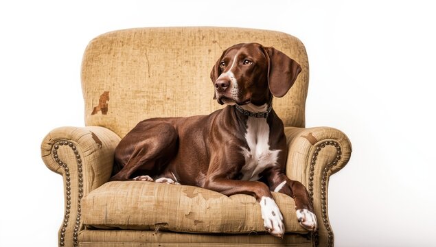 Hungarian Pointer lounging on a worn armchair, gazing to the side, with empty space