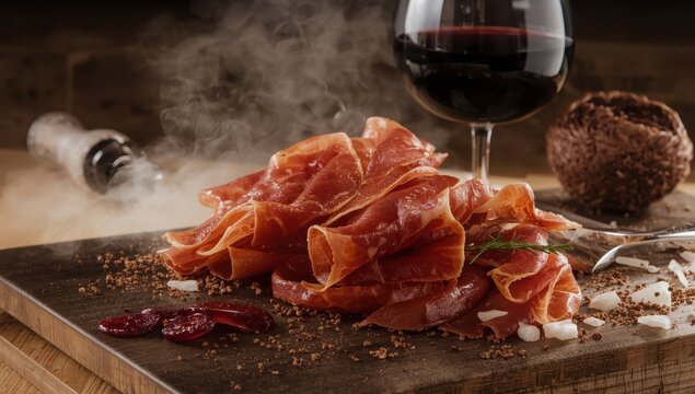 Iberian ham served as a starter with red wine