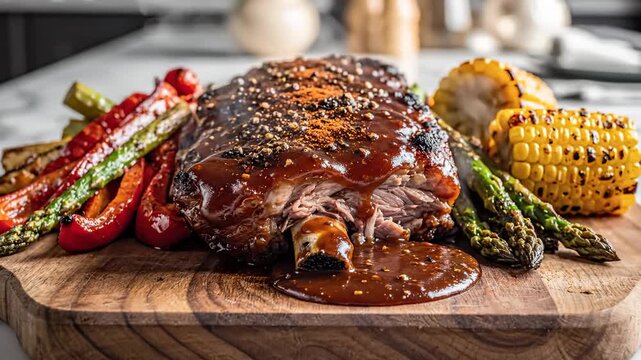 Close-Up of Delicious Glazed Pork Ribs With Grilled Vegetables on a Wooden Board, Appetizing Food Presentation