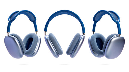 three blue and silver airpods max headphones displayed against a transparent background, showcasing their sleek design and premium materials. © Jane