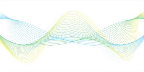 Abstract blue and green gradient wavy flowing line blend background. Transparent horizontal green wave on white.