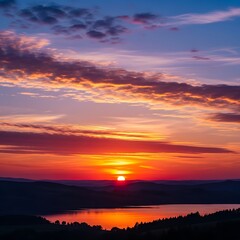 Obraz premium Stunning sunset over the lake with vibrant colors and clouds.