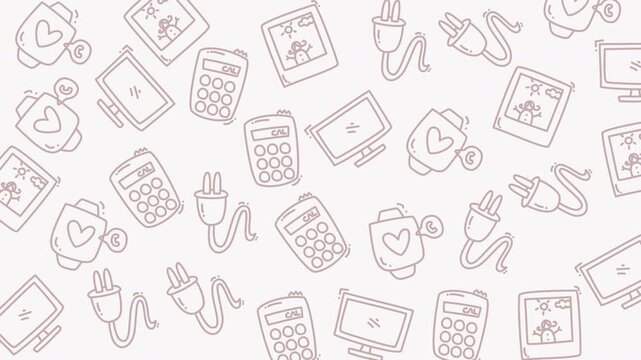 Seamless vector pattern of everyday digital and financial icons, illustrating modern consumerism, online connections, and technology-driven lifestyle elements in a soft, repeating design