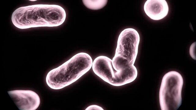 Microscopic view of bacteria in various shapes and sizes, showcasing their movement and interaction against a dark background in a laboratory setting