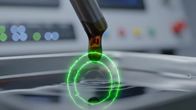 Laboratory pipette with dark liquid dripping into a shallow tray, creating ripples in the liquid surface, with scientific equipment visible in the background