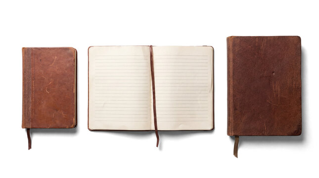 three brown leather notebooks arranged on a transparent background, top-down perspective, featuring one open to lined pages, representing vintage writing tools.
