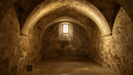 Obraz premium Ancient Stone Vaulted Room with Arched Ceiling and Small Window Casting Warm Light on Textured Walls Creating Atmospheric Historical Interior Space