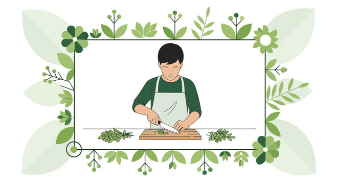Chef Chopping Herbs in Floral Frame - Fresh Cooking Illustration