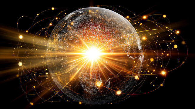 Central glowing data sphere radiating network connections outward in all directions on a dark background, abstract network hub concept, central data sphere, radiating connection art,
