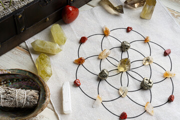 A top view image of a crystal grid for abundance which uses citrine crystals and sacred geometry grid cloth.