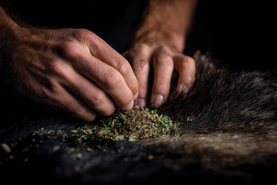 A focused individual meticulously prepares a herbal mixture on a fur surface, highlighting the connection between nature and traditional practices in crafting medicines.