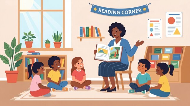 Diverse group of young children enjoying a story time session with their teacher in a bright classroom reading corner.