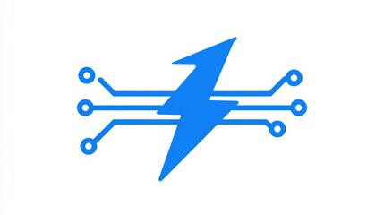 Blue lightning bolt with circuit lines and nodes against a stark white backdrop