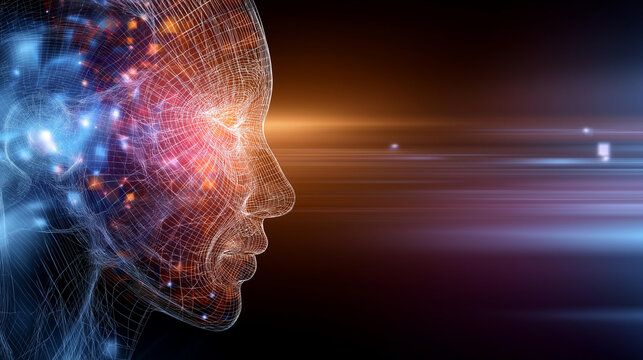 Futuristic wireframe human head with flowing digital data cubes, AI and big data processing concept in a cyberspace environment, wireframe head AI, digital human data flow, cyberspace head