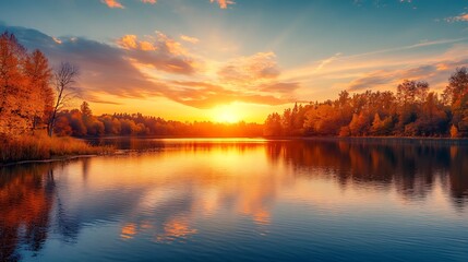 Fototapeta premium Tranquil lake scene reflecting a vibrant sunset over autumn trees