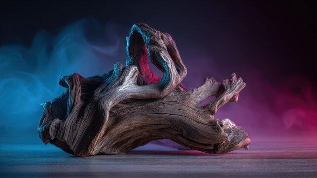 Gnarled weathered driftwood lit by cool blue and warm red light with smoky background