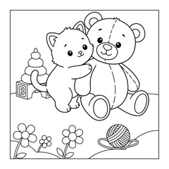 Fototapeta premium Kitten hugging teddy bear toy cute coloring page outline illustration for kids
