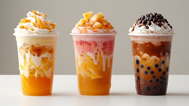 Three peach boba tea drinks with different textures smoothie style, iced tea, and milk tea all in takeaway cups with various toppings