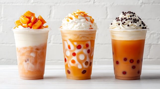Three peach boba tea drinks with different textures smoothie style, iced tea, and milk tea all in takeaway cups with various toppings