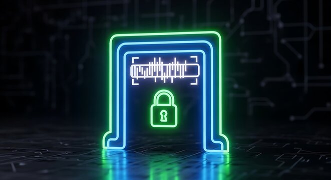 Neon glowing blue and green digital padlock with sound wave scan line on dark circuit background