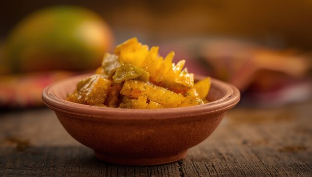 Mango pickle in a clay bowl, close-up