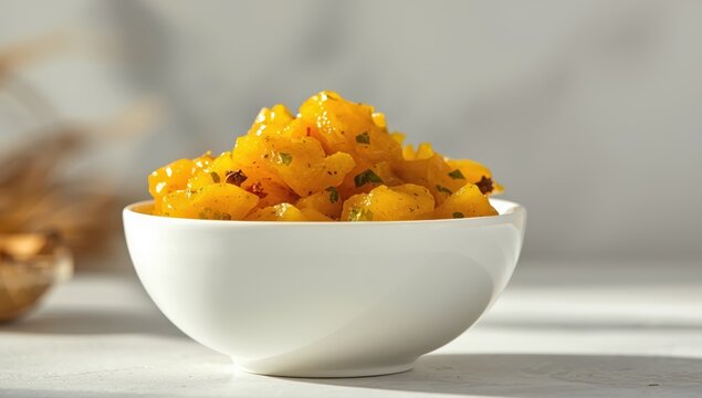 Mango pickle in a white bowl, focused view