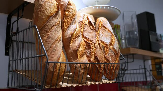 Warm, freshly baked loaves of rustic artisan bread displayed in a metal wire basket at a local bakery, with a crispy golden brown crust ready for sale in the warm ambient light of the shop