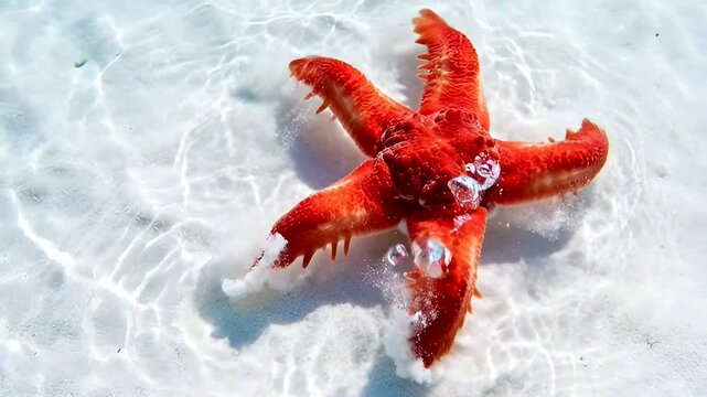 Bright red starfish moves across white sandy beach in shallow clear water, highlighting marine life beauty.