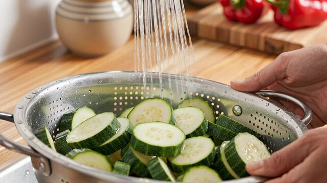 fresh zucchini slices being rinsed under running water in metal colander on kitchen sink counter