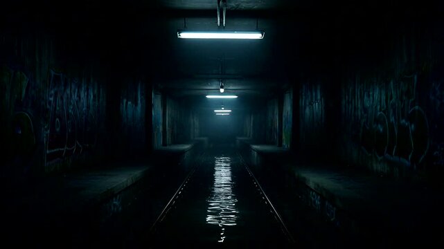 Empty underground tunnel with water reflections, illuminated by overhead fluorescent lights and graffiti walls.