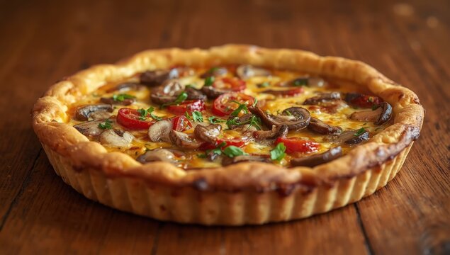 Mushroom, tomato, and cheese tart. Traditional French pastry