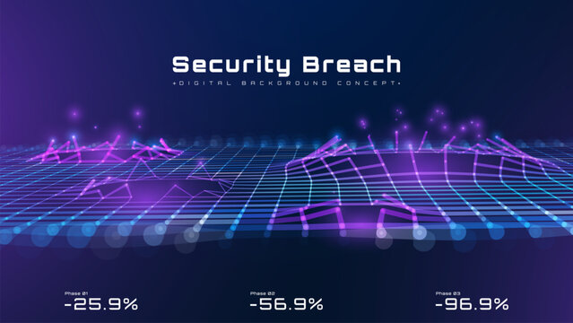 Cyber attack and security breach concept. Futuristic technology network with destroyed glowing grid, malware danger and neon mesh wave error. Vector illustration.