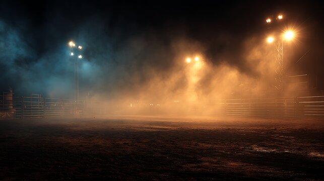 Awesome photo of empty rodeo arena at night with bright floodlights shining through thick dust and smoke.
