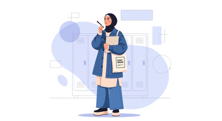 Fototapeta premium Muslim student in hijab with notebook and pen, thinking in lockers area